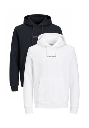 Weiße und schwarze Kapuzenpullover mit Fronttaschen und kleinen "Jack & Jones"-Logos auf der Brust, dargestellt auf weißem Hintergrund.