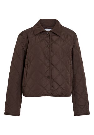 Braune steppige Jacke mit Druckknöpfen, seitlichen Taschen und einem Cordkragen, auf einem weißen Hintergrund präsentiert.