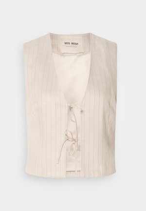 Ujjatlan krémszínű mellény V-nyakkal és megkötős záródással. Finom függőleges csíkokkal és sima bélés belsejében. Puha, könnyű anyag.