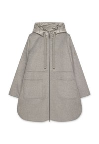 Cappotto in lana grigia con cappuccio argentato imbottito, cerniera frontale e due grandi tasche. Progettato con una vestibilità ampia e una silhouette moderna.