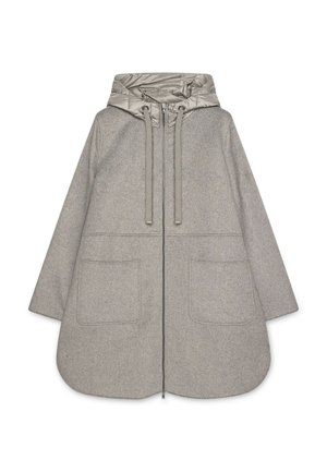 Grijze wollen jas met een puffy zilveren capuchon, voorrits en twee grote zakken. Ontworpen met een losse pasvorm en moderne silhouet.
