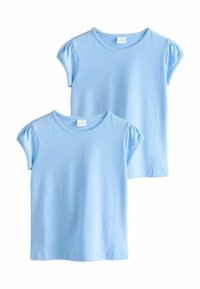 T-shirts bleu clair à manches courtes avec des manches bouffantes, fabriqués en coton doux, présentant un col rond. Deux pièces exposées.