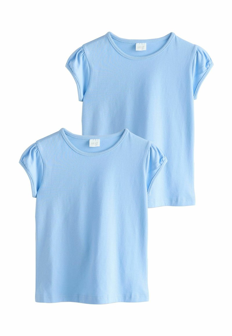 T-shirts bleu clair à manches courtes avec des manches bouffantes, fabriqués en coton doux, présentant un col rond. Deux pièces exposées.
