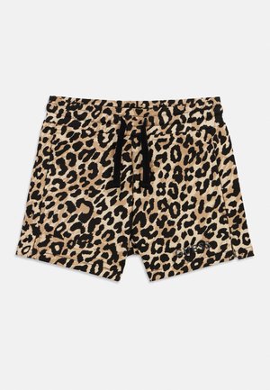 Shorts imprimé léopard avec taille à cordon noir et petit logo brodé sur la jambe gauche, présentés sur un fond uni.