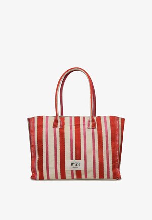 Sac fourre-tout en toile avec des rayures verticales rouges et roses, double anses, et une étiquette blanche au centre avant indiquant "V° 73 Venezia".