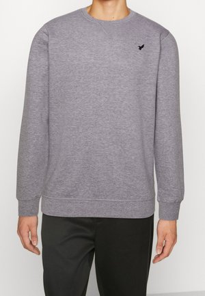 Grauer Sweatshirt mit Rundhalsausschnitt, langen Ärmeln und gerippten Bündchen. Mit kleinem schwarzem Emblem auf der linken Brust. Weicher, strukturierter Stoff.