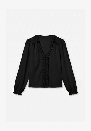 Svart bluse med lange ermer, V-hals, rysjekant langs halsen og foran, samt lett rynkede mansjetter.