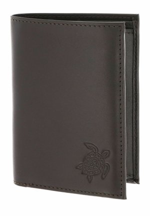 Dark brown leather bifold wallet with embossed turtle design on the lower right corner, shown partially open.