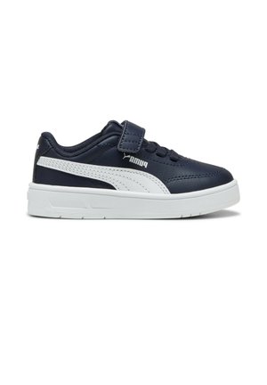 Scarpa da ginnastica blu navy per bambini con suola bianca, striscia bianca sul lato, lacci e chiusura in velcro.