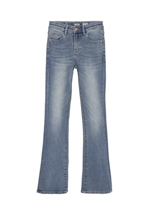 Hellblaue, ausgestellte Jeans aus Denim mit fünf Taschen, subtilen Verblassungen und einem Reißverschluss. Mit kupferfarbenen Hardware-Akzenten.