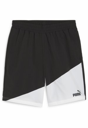 Pantalones cortos deportivos negros con una cinturilla elástica, que presentan un patrón diagonal blanco y un pequeño logotipo negro en la parte inferior derecha.