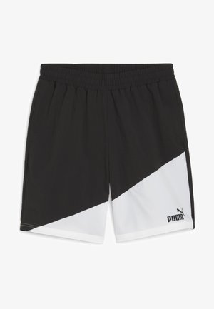 Pantalones cortos deportivos negros con una cinturilla elástica, que presentan un patrón diagonal blanco y un pequeño logotipo negro en la parte inferior derecha.