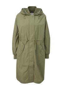 Olivegrüne, leichte Kapuzenjacke mit tailliertem Schnitt, elastischen Bündchen und zwei aufgenähten Taschen vorne. Glatte Textur mit minimalistischem Design.