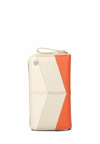 Geometrische portemonnee in beige en oranje leder. Heeft een gestructureerde afwerking, diagonale kleurvlakken, een zijrits en een polsband.