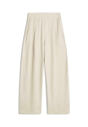 Beige gerippte Weitbein-Hose mit elastischem Bund und Seitentaschen, für eine lockere Passform entworfen.