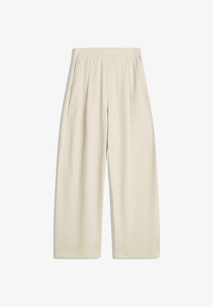 Pantalones beige de pierna ancha con canalé, cintura elástica y bolsillos laterales, diseñados para un ajuste relajado.