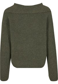 Oliwkowo-zielony, prążkowany sweter z dzianiny z dekoltem w łódkę i opuszczonymi ramionami, z zaokrąglonym dołem i fakturowaną tkaniną.