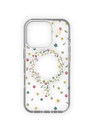 Funda de teléfono transparente con pequeñas flores multicolores y un diseño de corona floral alrededor del área circular central.
