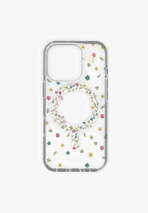 Funda de teléfono transparente con pequeñas flores multicolores y un diseño de corona floral alrededor del área circular central.