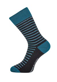 Chaussette noire unie avec de fines rayures horizontales en teal et blanc, bord, talon et orteil en teal uni, et texte de marque blanc près de la semelle.