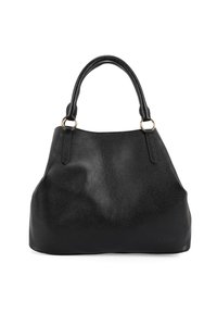 Sac à main en cuir noir avec une finition texturée, un dessus arrondi et des poignées courtes. Présente des accents en métal doré aux attaches des poignées.