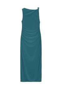 Robe sans manches couleur sarcelle en tissu lisse, avec un design drapé et un détail noué sur l'épaule gauche. Longueur au genou avec une silhouette ajustée.