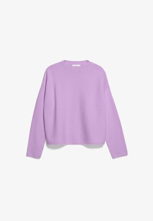 Pull à manches longues lavande en tissu tricoté côtelé. Présente un col rond et un ourlet légèrement court. Simple, couleur unie sans motifs.