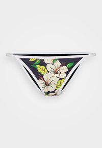 Black bikini bottom with white straps, featuring a floral pattern of cream flowers and green leaves, smoothly shaped for a fitted design.