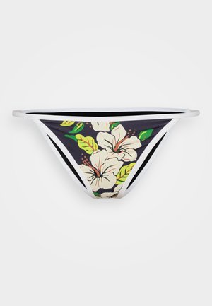 Black bikini bottom with white straps, featuring a floral pattern of cream flowers and green leaves, smoothly shaped for a fitted design.