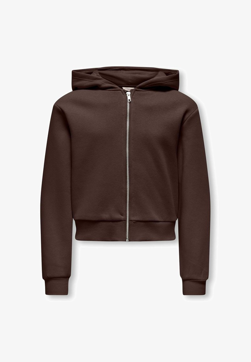 Sweat à capuche marron zippé, manches longues, poignets côtelés et capuche, présenté sur fond blanc.