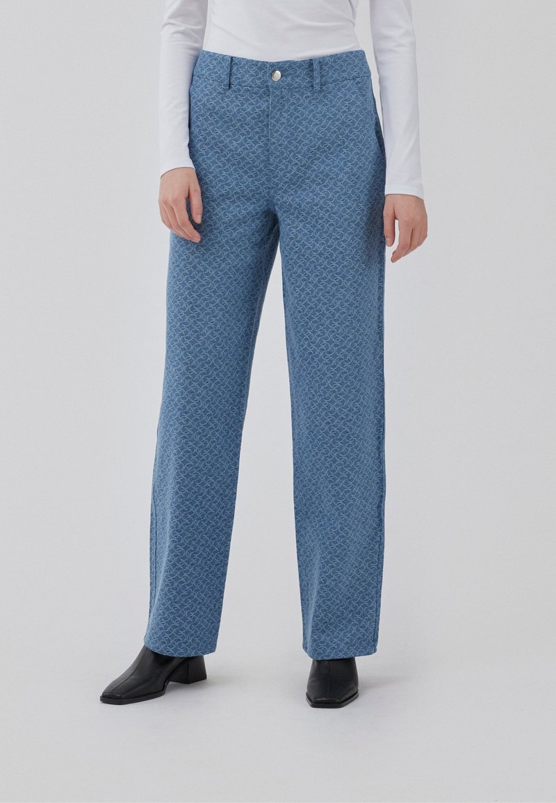 Blue patterned trousers with a straight cut, made of a lightweight fabric, featuring a button closure and side pockets.