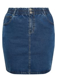 Džínová minisukně s elastickým pasem, dvěma předními kapsami, detailem knoflíku a vybledlou modrou barvou. Má klasický rovný střih.