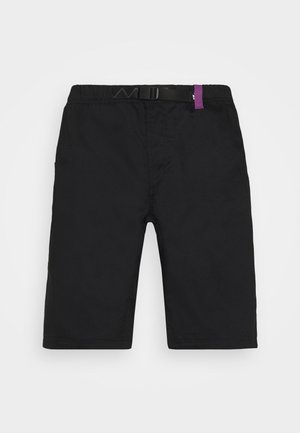 Black shorts with a relaxed fit, elastic waistband, adjustable belt, and side pockets. Made of lightweight, smooth fabric.