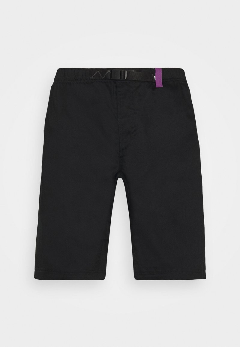 Černé kraťasy s volným střihem, elastickým pasem, nastavitelným páskem a bočními kapsami. Vyrobené z lehkého, hladkého materiálu.