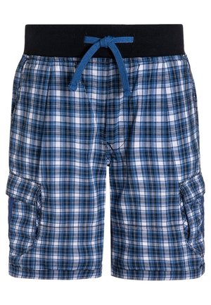 Blauw-witte geruite korte broek met een zwarte elastische tailleband en een blauw trekkoord. Voorzien van zijzakken en een losse pasvorm.