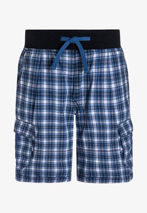 Blau-weiß karierte Shorts mit einem schwarzen elastischen Bund und blauem Kordelzug. Verfügt über Seitentaschen und ein lockeres Design.