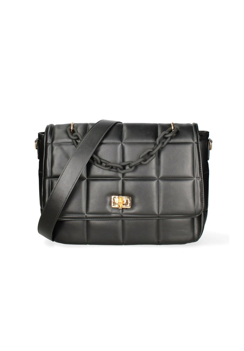 Borsa a spalla in pelle nera con design trapuntato, hardware in oro e accentuazione con catena spessa. Dotata di una tracolla lunga e regolabile.