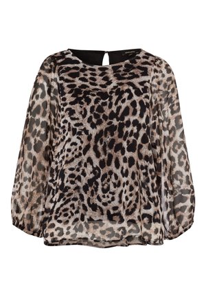 Transparante blouse met lange mouwen, elastische manchetten, ronde halslijn en een luipaardprint in bruin, zwart en beige.
