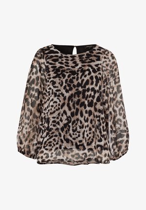 Gennemsigtig bluse med lange ærmer med elastiske manchetter, rund halsudskæring og leopardprint i brun, sort og beige.