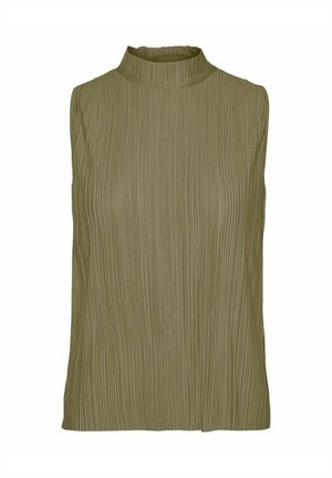 Mouwloos topje in olijfgroen, met een hoge hals en verticale geplooide textuur. Gemaakt van lichtgewicht stof, met een relaxte pasvorm.