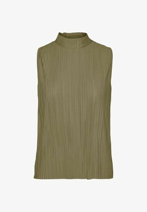 Mouwloos topje in olijfgroen, met een hoge hals en verticale geplooide textuur. Gemaakt van lichtgewicht stof, met een relaxte pasvorm.