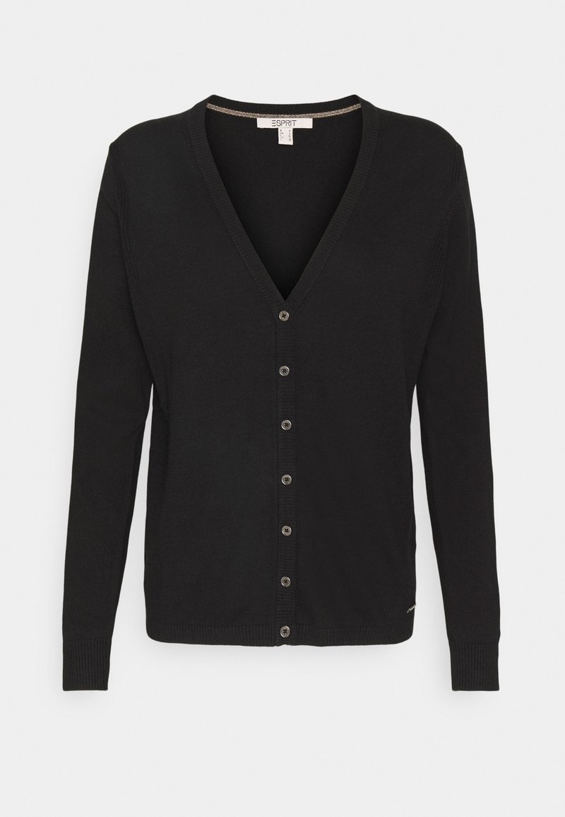 Cardigan noir à manches longues avec col en V, fermeture par boutons sur le devant et poignets côtelés, fabriqué dans un tissu maille léger.