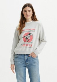Grijze sweatshirt met lange mouwen, voorzien van een afbeelding van een paard en tekst. Ontspannen pasvorm met ribgebreide manchetten en zoom, lichtgewicht stof.