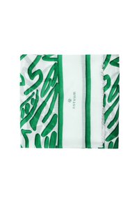 Sciarpa verde a fantasia con audaci disegni astratti verdi su uno sfondo bianco, con bordi frangiati e un logo centrale.