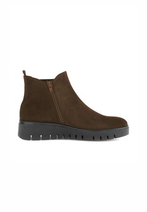 Bottines en velours brun avec une fermeture éclair latérale, bout rond et semelle épaisse en caoutchouc noir avec des détails crantés.