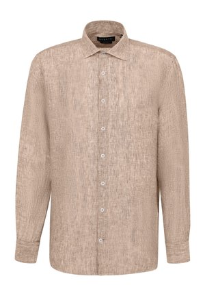 Beige Leinen-Hemd mit langen Ärmeln, Button-Down-Kragen, strukturiertem Finish, Frontknöpfen und geradem Saum.