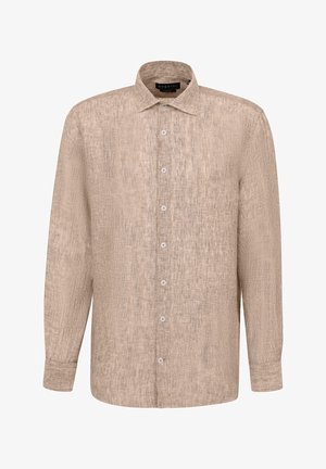 Beige Leinen-Hemd mit langen Ärmeln, Button-Down-Kragen, strukturiertem Finish, Frontknöpfen und geradem Saum.