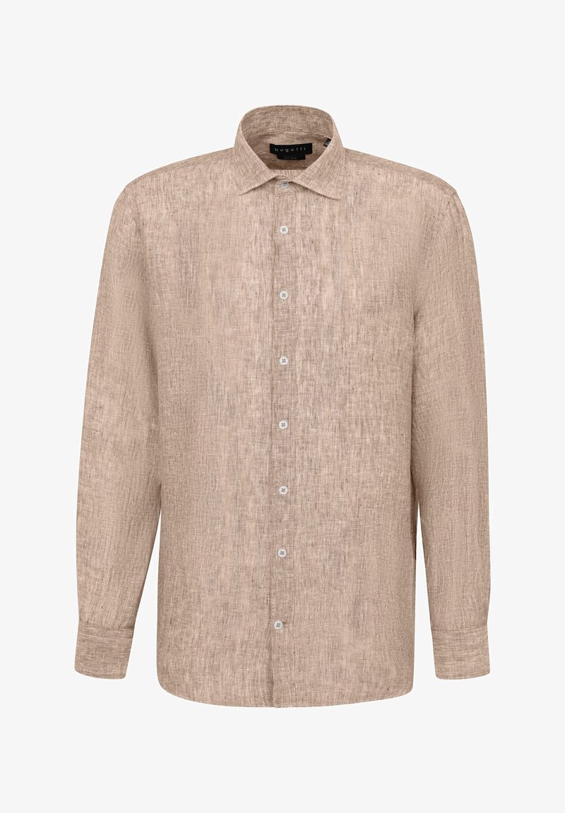 Beige Leinen-Hemd mit langen Ärmeln, Button-Down-Kragen, strukturiertem Finish, Frontknöpfen und geradem Saum.