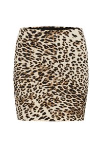 Mini gonna in stampa leopardata con design aderente, realizzata in tessuto morbido con una base crema e macchie marroni e nere. Include un girovita piatto.