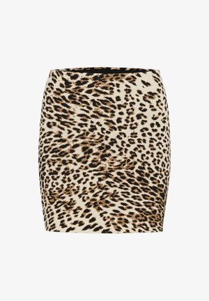 Mini sukňa s leopardím vzorom, vyznačujúca sa priliehavým strihom, vyrobená z jemného materiálu s krémovým podkladom a hnedými a čiernymi škvrnami. Súčasťou je plochý pás.